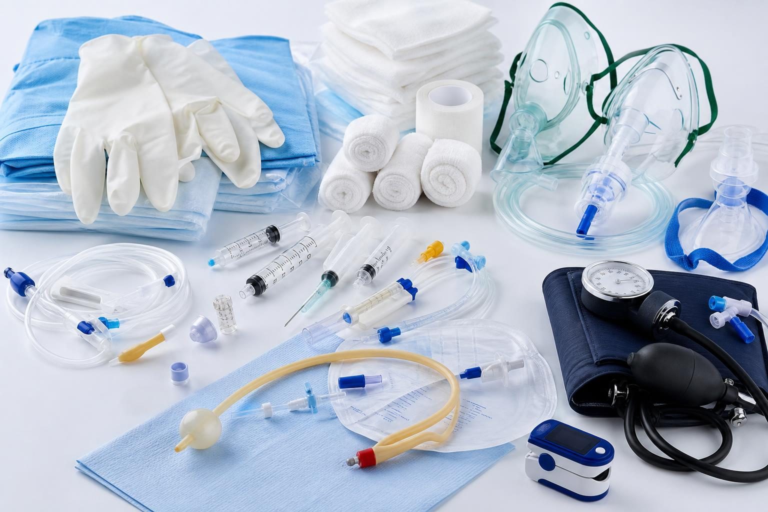 Hospital disposable items supplied by Shri Shyam Home Care — gloves, masks, syringes, IV sets, catheters, cotton, bandages, PPE / श्री श्याम होम केयर द्वारा अस्पताल डिस्पोज़ेबल — ग्लव्स, मास्क, सीरिंज, IV सेट, कैथेटर, कॉटन, पट्टी, PPE